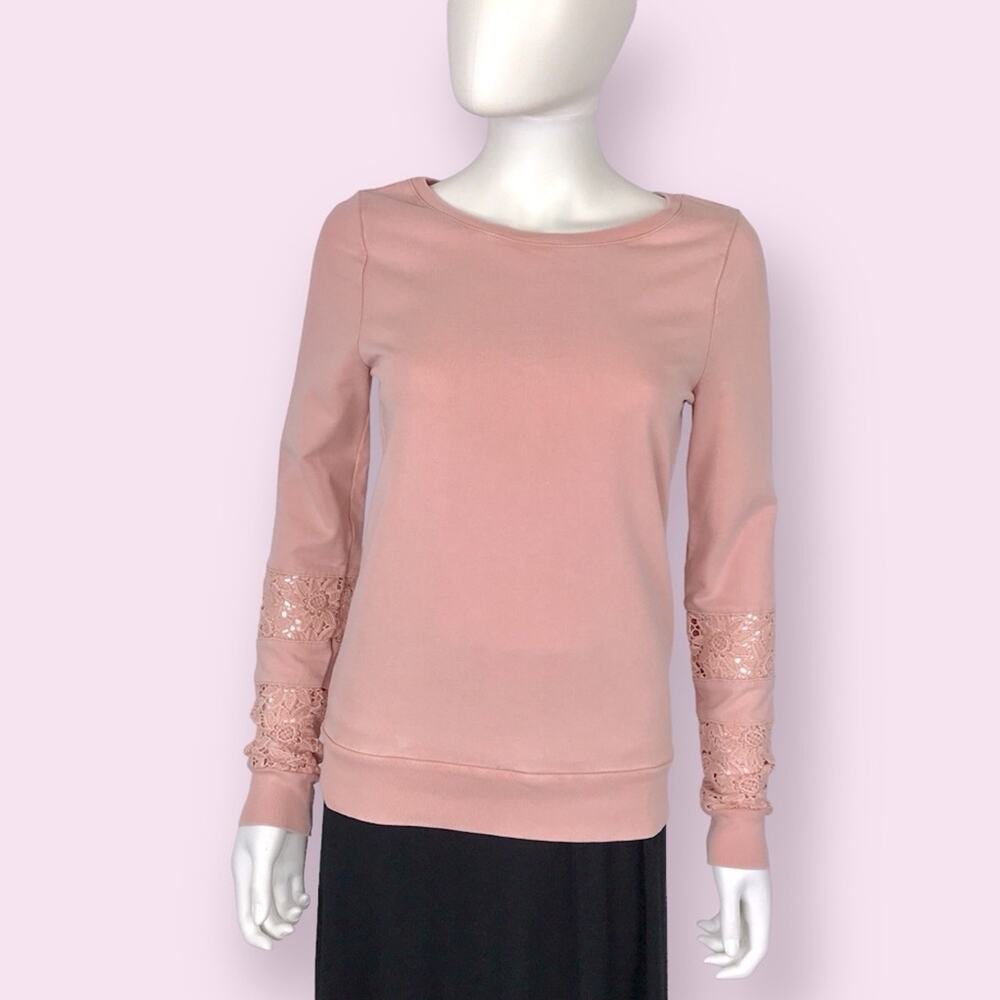 Lucky Lotus Pink Lace Tee Detail Long Sleeved Thick 100% Cotton Top